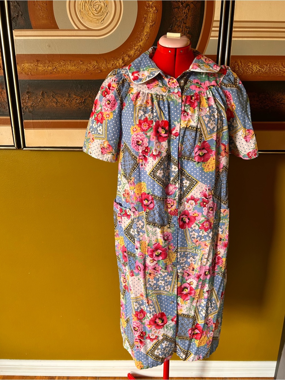 Blue Floral Cotton Nightgown with Pink and Yellow Blooms